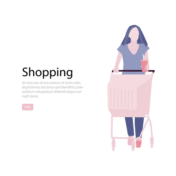 식료품 쇼핑에 페이지 디자인 템플릿입니다 바구니 Ilustraton와 여자입니다 고객입니다 슈퍼마켓에서 — 스톡 벡터
