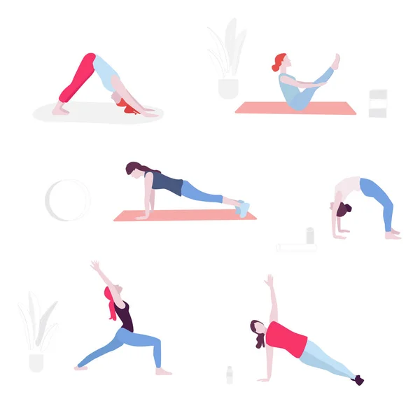 Yoga Platt Illustration Vector Minimal Karaktär Personer Dekoration Gruppen Agerar — Stock vektor