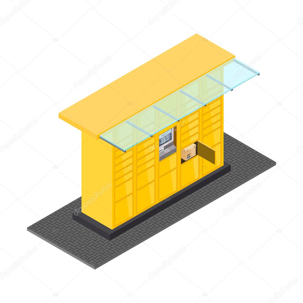 Vector isometric post automat illustration. Postomat branded self-service boxes. Modern technology delivery service machine. Automation service software office. Commerce sign