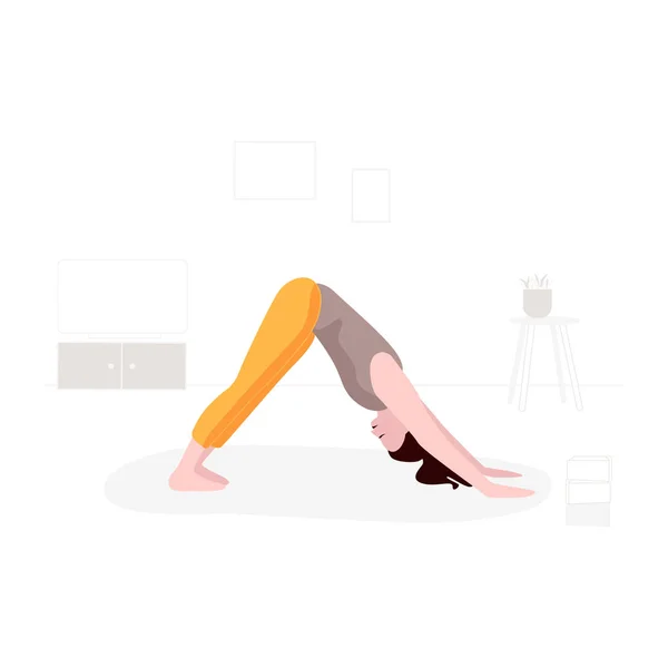 Sport training woman training yoga vector art. Girl home fitness flat illustration. People indoor activity. Isometric healthy lifestyle. Simple Minimal flat design. — Stock Vector