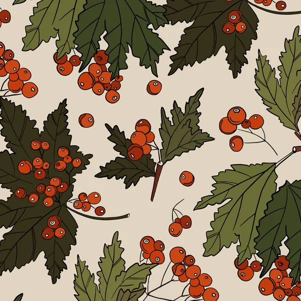 緑の葉のパターンを持つナナカマド色赤ベリー。自然分岐カバー装飾。ワイルドフラワーのナナカマドは、葉と果実を持つ植物します。秋の植物の隔離されたラップ. — ストックベクタ