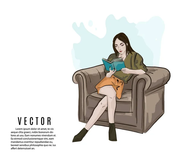 Woman Reading Book Fashion Sketch Illustration Girl Spending Weekend Home — Stock Vector