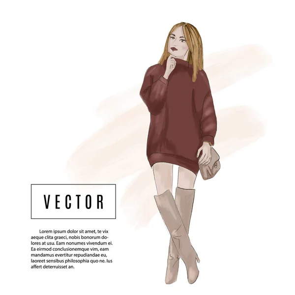 Estampado Moda Con Mujer Glamour Vestido Gran Tamaño Botas Altas — Vector de stock