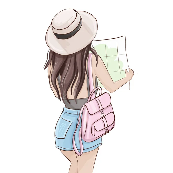 Ilustración turística de verano. Vector viajero niña sosteniendo mapa. Boceto de revista de moda Glamour, mujer en pantalones cortos y sombrero con mochila rosa. Aventura de fin de semana . — Vector de stock