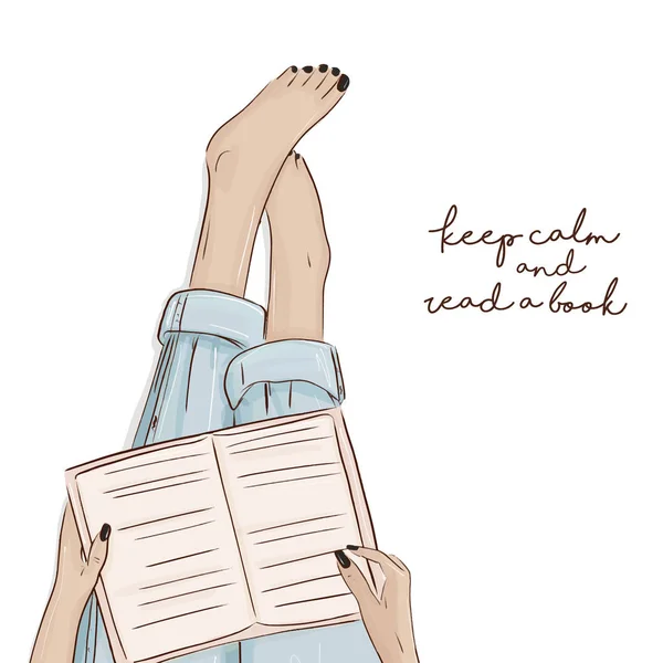 女孩阅读书素描 illutration。向量城市字符。赤脚妇女拿着书在她的腿工作。学生休闲、教育卡通设计. — 图库矢量图片