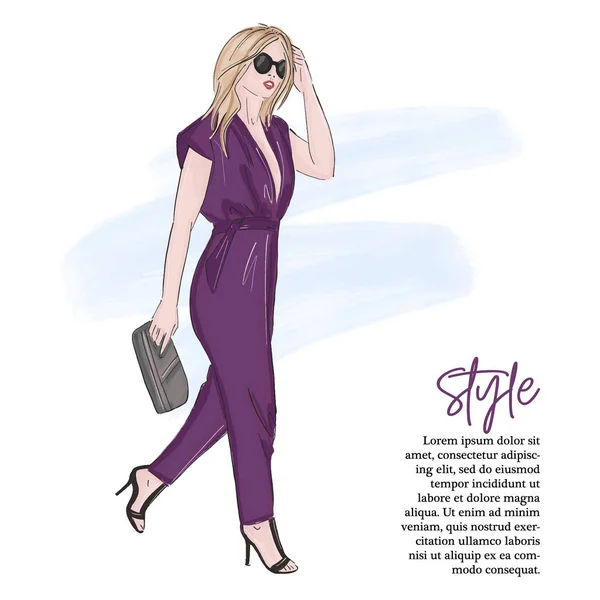 Fashion illustration: girl in playsuit on high heels. Stylish weekend look. Business woman character illustration. Model in trendy outfit glamour sketch. Summer look. — Stock Vector