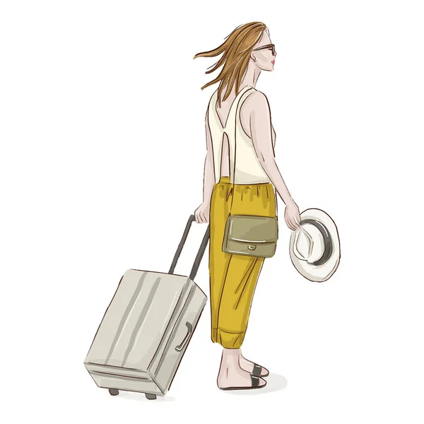 여행자 가방 및 모자 일러스트와 함께 여자입니다. 패션 블로거 여행자 인쇄입니다. 롤러 여행 가방 휴가에 여성입니다. 모험 생활 스케치. — 스톡 벡터