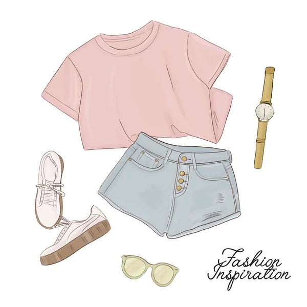 Tee Shorts Baskets Lunettes Soleil Montres Croquis Illustration Femme Mode — Image vectorielle