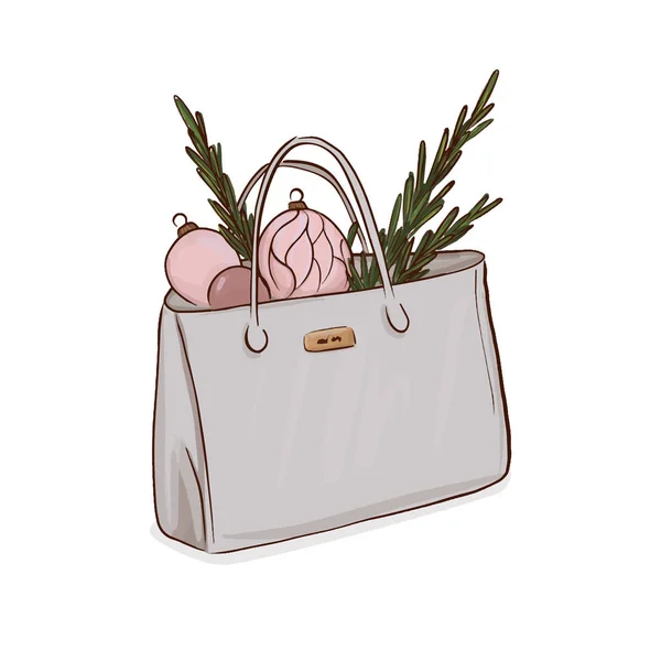 Tasche voller Winterfestdekoration. Weihnachten süße Sketch-Dekoration. Rosenbälle mit Tannenfeder in luxuriöser Glamour-Handtasche. Frau kauft Accessoires. — Stockvektor