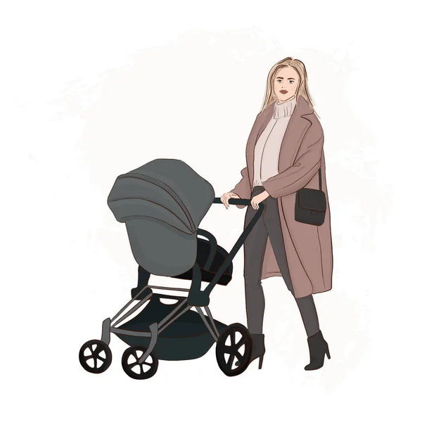 Mamma med barnvagn walking street å dragit illustration. Tjej som driver en sittvagn mode skiss. Mor strosa med nyfödda runaway print. Aktiva mama med baby utanför. — Stock vektor