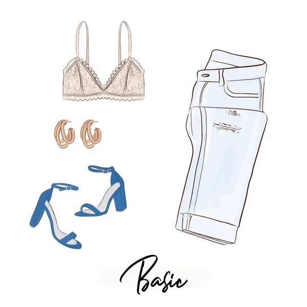 Fundamentele vrouw collectie: bralette, spijkerbroek, oorbellen, hoge hakken. Glamour mode flatlay. Kleding winkel elementen. Casual set. Fashion look mgazine schets. Illustratie van de mode. vector. — Stockvector