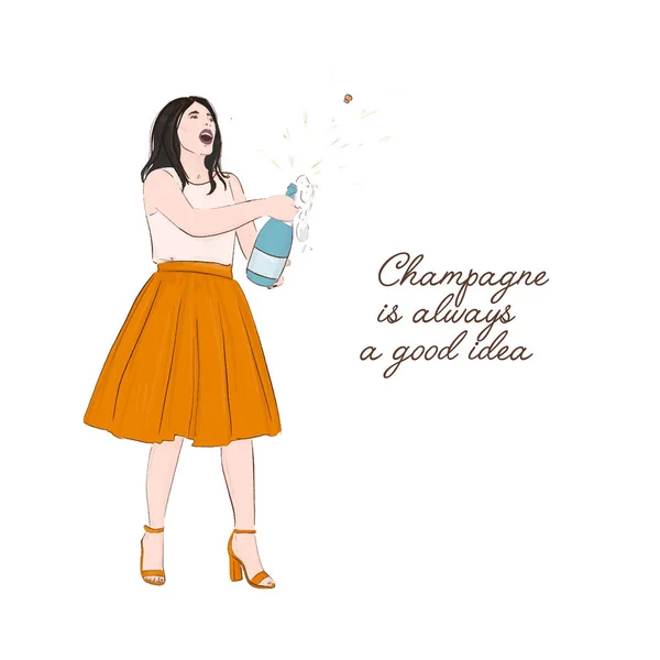 Girl holding champagne bottle quote. Magazine trendy illustration with woman and alcohol bottle. Champagne explosion Christmas sketch. Birthday girl greeting card. — Stock Vector