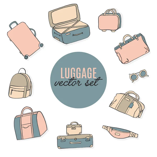 Bagaj vektör çizim. Bagaj aksesuarlar: bavul, serseri çanta, seyahat dişli, evrak çantası, büzgülü, sırt çantası doku. Vektör yaz yüzey yazdırma. Seyahat broşürü. — Stok Vektör