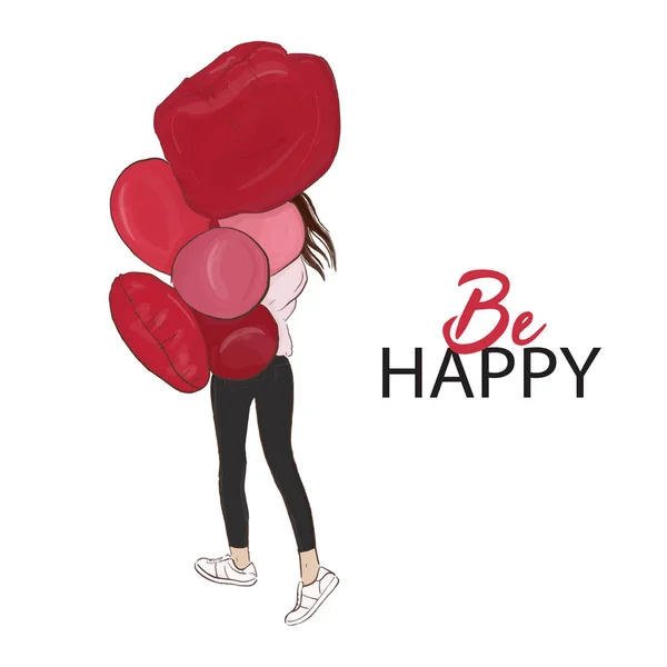 Menina Feliz Segurando Balões Seja Feliz Citação Ilustração Vetorial Mulher —  Vetores de Stock