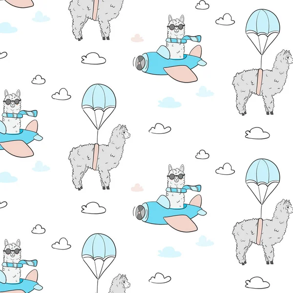 Padrão Voo Bonito Lama Ilustração Pano Têxtil Com Alpaca Piloto —  Vetores de Stock