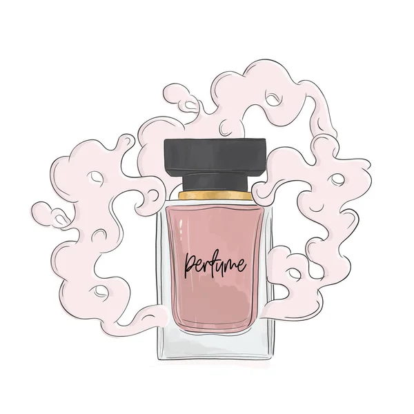 Perfume illustration sketch with aroma cloud. Fashion luxury cosmetcis print. Fragrance glamour parfum bottle background. Hand drawn perfumery product. — Free Stock Photo