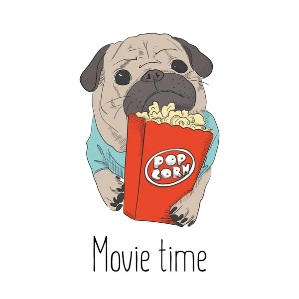 Adorable cachorrito con bolsa de papel de maíz pop. Linda ilustración de pug. Pequeño perro relajándose en fin de semana en el cine. Impresión de ocio . — Archivo Imágenes Vectoriales
