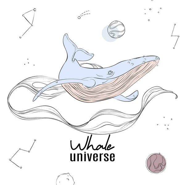 Walvis universum muur poster. Moderne ruimte decoratie met enorme galaxy, planeten, maan en Oceaan dieren vector achtergrond. Onderwater wereld. — Stockvector