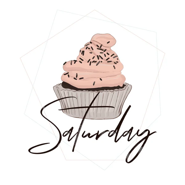 토요일 케이크 그림입니다. 주말 분위기 레스토랑 포스터입니다. 손으로 그린 맛 있는 음식과 디저트입니다. Ssweet 수 제 생일 케이크 — 스톡 벡터