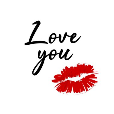 Love you sign with red lips print. Romantic typography elements with kiss sign and lovely text clipart