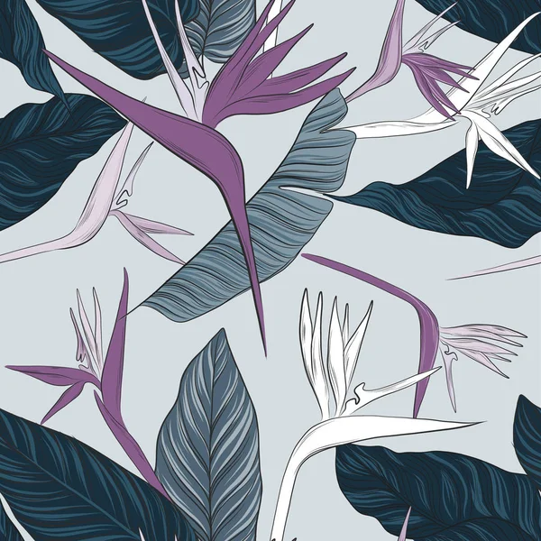 エキゾチックな柔らかい素敵なトロピカルフラワー海軍葉パターンを持つ シームレスな夏の装飾 葉椰子の葉のテクスチャ トレンディなジャングル装飾 — ストックベクタ
