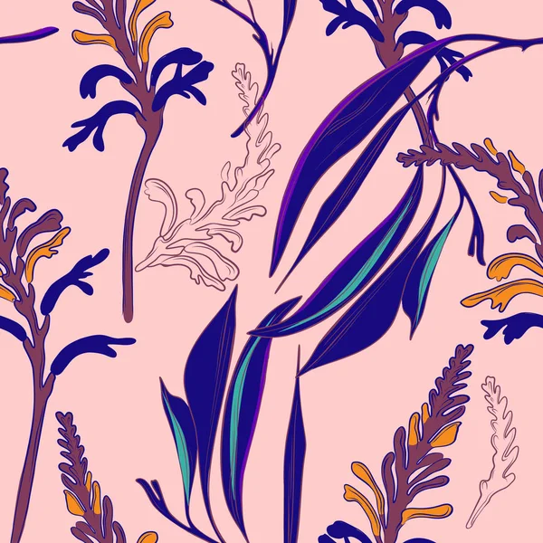 向量海员叶子和花卉图案 植物织物插图 婚礼设计 活动横幅装饰 派对壁纸 — 图库矢量图片