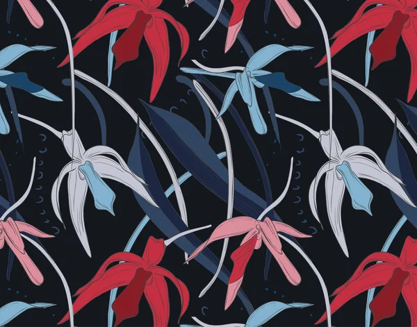 Экзотические Тропические Цветы Орхидеи Рисунок Цветочный Фон Джунглей Гавайский Темный — стоковый вектор