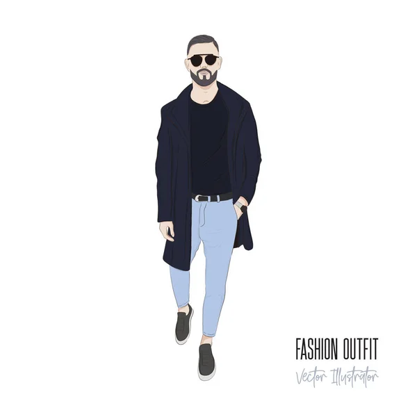 Hombre con barba al estilo de la calle. Ilustración de personajes de negocios. Bosquejo de ropa de moda. Chaqueta masculina, jeans y suéter look primavera otoño . — Vector de stock