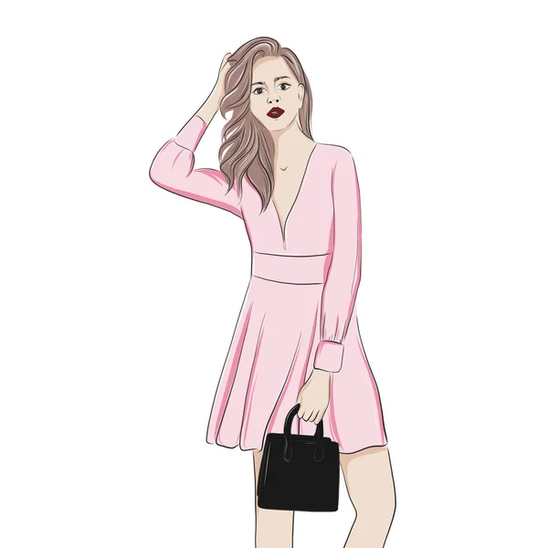 Hermosa chica en un elegante vestido rosa. Verano look bosquejo de moda. Ilustración vectorial para la tarjeta de saludo acuarela o cartel . — Vector de stock