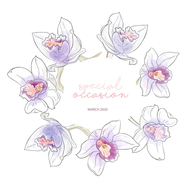 Grinalda aquarela verão com orquídeas laranja violeta ilustração. Arte botânica desenhada à mão com decoração de primavera. Rodada círculo de flores bonito esboço botânico . — Vetor de Stock