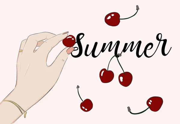 Zomer partij cherry wenskaart. Vector voedsel schets achtergrond. Macro bessen met belettering. Vakantie kunst. — Stockvector