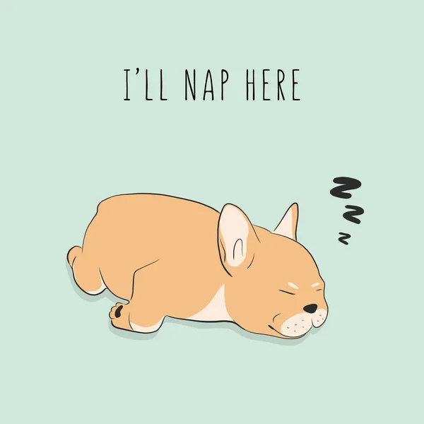 Divertido perro exhausto durmiendo. Personaje de mascota de dibujos animados. Vector cachorro siesta ilustración gráfica. Boceto de garabato animal . — Vector de stock