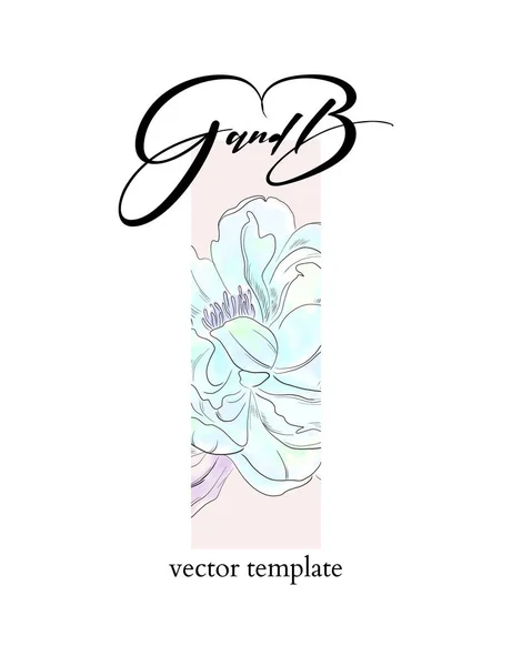 Peonía azul con hojas en rectángulo rosa sobre fondo blanco, tema pastel. Se puede utilizar como tarjeta de felicitación, ilustración de la boda . — Vector de stock