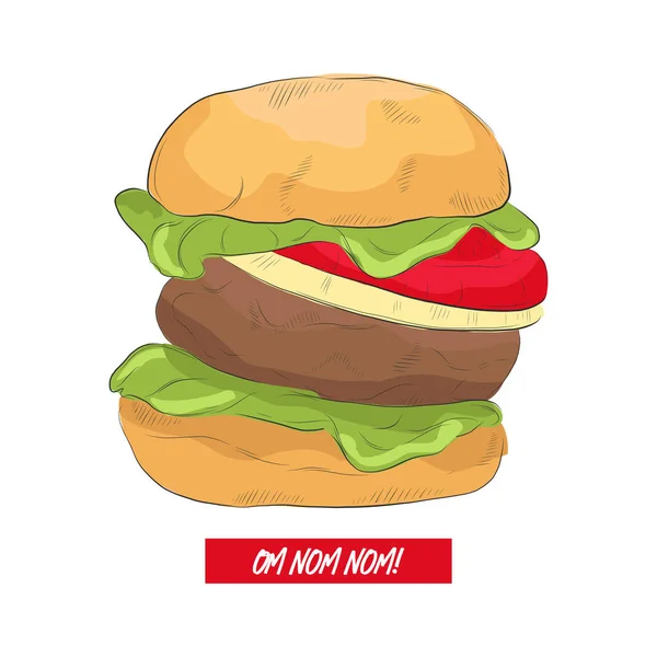 Burger d'art linéaire avec texte drôle. Illustration dessinée à la main avec un délicieux menu hamburger art. Décoration d'affiche Café. Design alimentaire américain . — Image vectorielle
