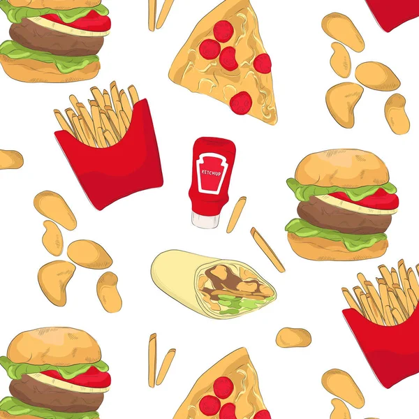 Savoureux modèle de restauration rapide avec des chips, hamburger, pizza, ketchup, envelopper. Impression de répétition bio alimentaire. Plats de cuisine . — Image vectorielle