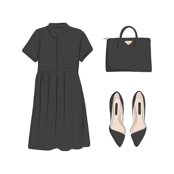 Grundläggande kvinna samling: lägenheter, svart klänning, väska. Glamour mode flatlay. Kläd Affär element. Casual-set. Mode ser mgazine skiss. Mode illustration skiss i Vector. — Stock vektor