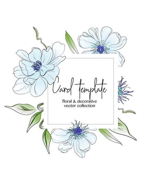 Tarjeta de felicitación de flores de peonía. Banderas botánicas vectoriales con flores azules sobre blanco. Diseño floral para cosméticos naturales, perfumes, productos para mujer, tarjeta de felicitación, invitación a la boda, fondo de primavera . — Vector de stock