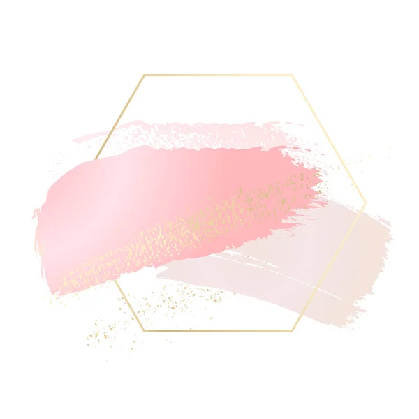 Elementos de trazo de cepillo vectorial en textura de lámina y salpicaduras rosadas dibujadas a mano en marco hexagonal. Hermosa publicidad luz acuarela tarjeta. Gráficos pastel desnudos . — Vector de stock