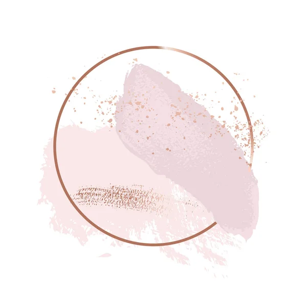 Pinceladas en suaves tonos rosados delicados y marco de círculo de oro rosa. Fondo de brillo abstracto de lámina vectorial . — Vector de stock