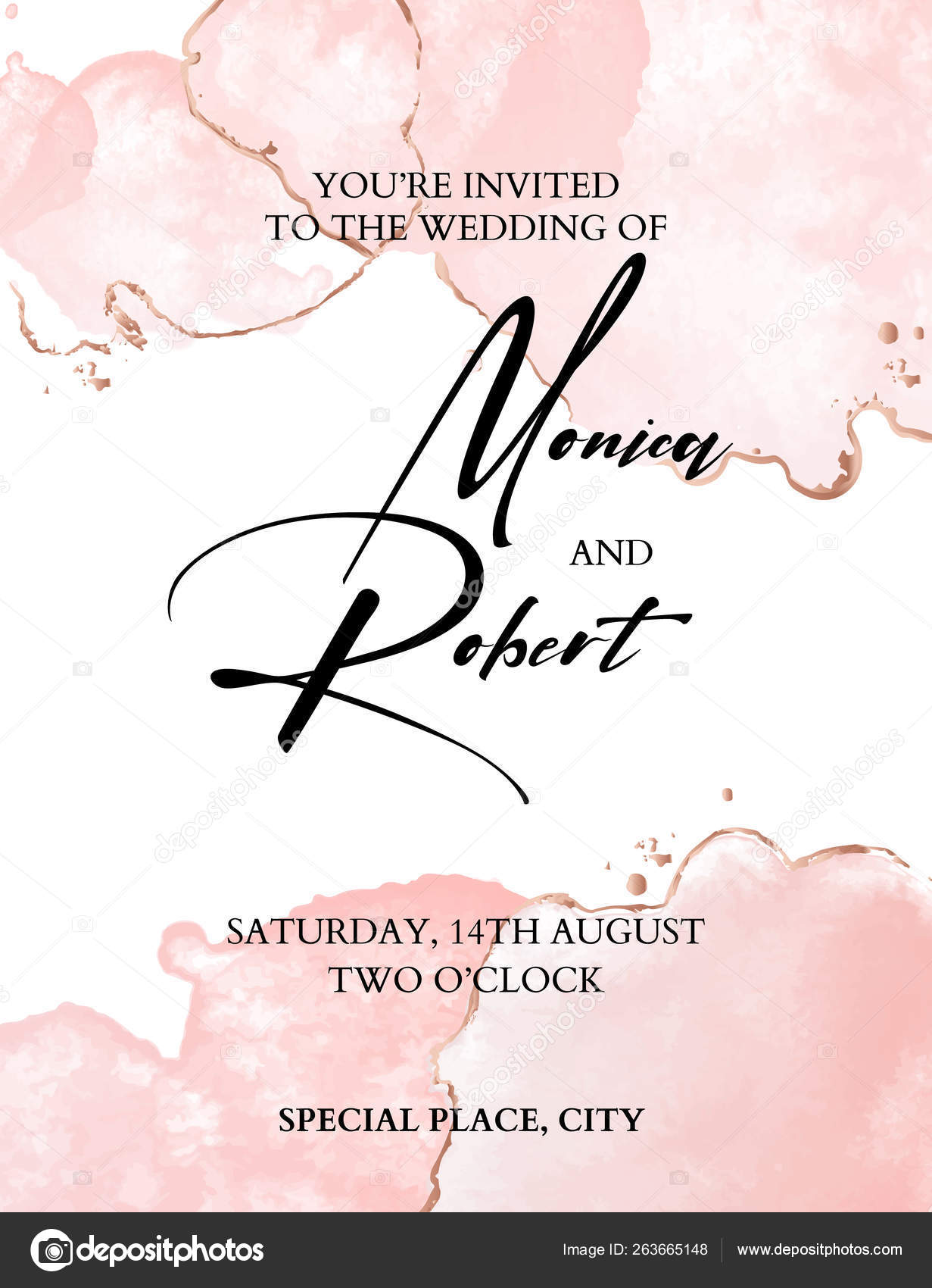 Romantic tender brush stroke watercolor background with glitter foil golden  design for wedding invitation, save the date and thank you cards. With  place for text. Tender rose gold modern template. Stock Vector