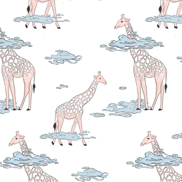 Girafa em nuvens bonito desenho animado do berçário ilustração. Animais tropicais exóticos selvagens. Zoo doodle esboço desenhado à mão. Projeto moderno da sala das crianças, tecidos, envoltório do presente —  Vetores de Stock