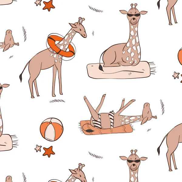 Girafa na praia: tomar sol, nadar, relaxar. Vetor bonito ilustração desenhada à mão com animais selvagens. Verão desenho animado padrão de férias berçário . —  Vetores de Stock