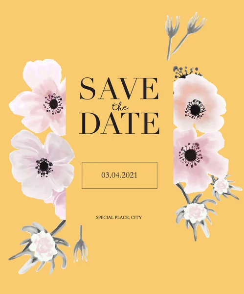 Botanical anemonías boda invitación tarjeta plantilla de diseño, fondo amarillo con tierna rosa flores de acuarela rosa, pastel tema vintage - Vector — Vector de stock