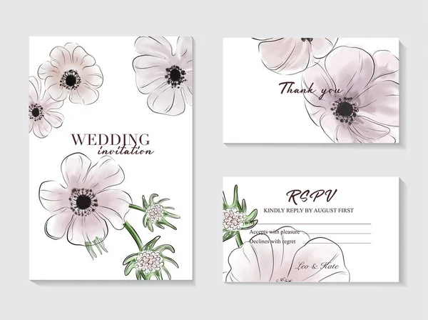 Botanische Anemonen Hochzeitseinladungskarte Vorlage Design, rosa zarte Blüten und Blätter isoliert auf weißem Hintergrund, Vintage-Stil blumige Hochzeitsdekoration 2019 — Stockvektor