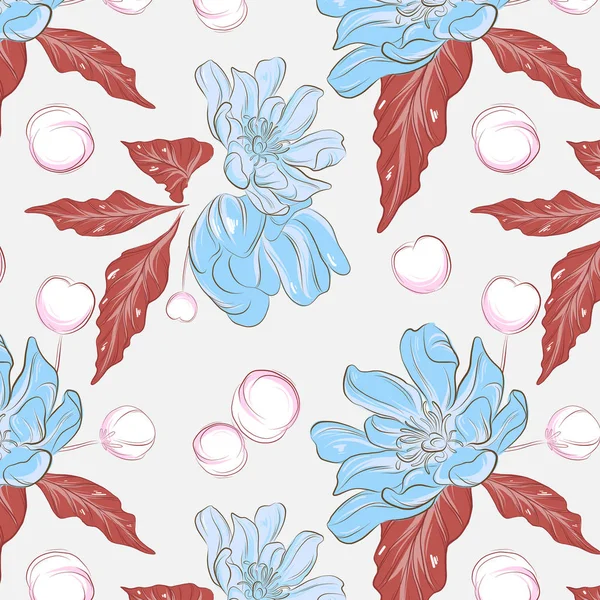 Motif floral avec fleurs bleues, feuilles rouges. Illustration de croquis tropicaux d'été. Texture vectorielle pour papier d'emballage, tissus, décoration de papier peint — Image vectorielle