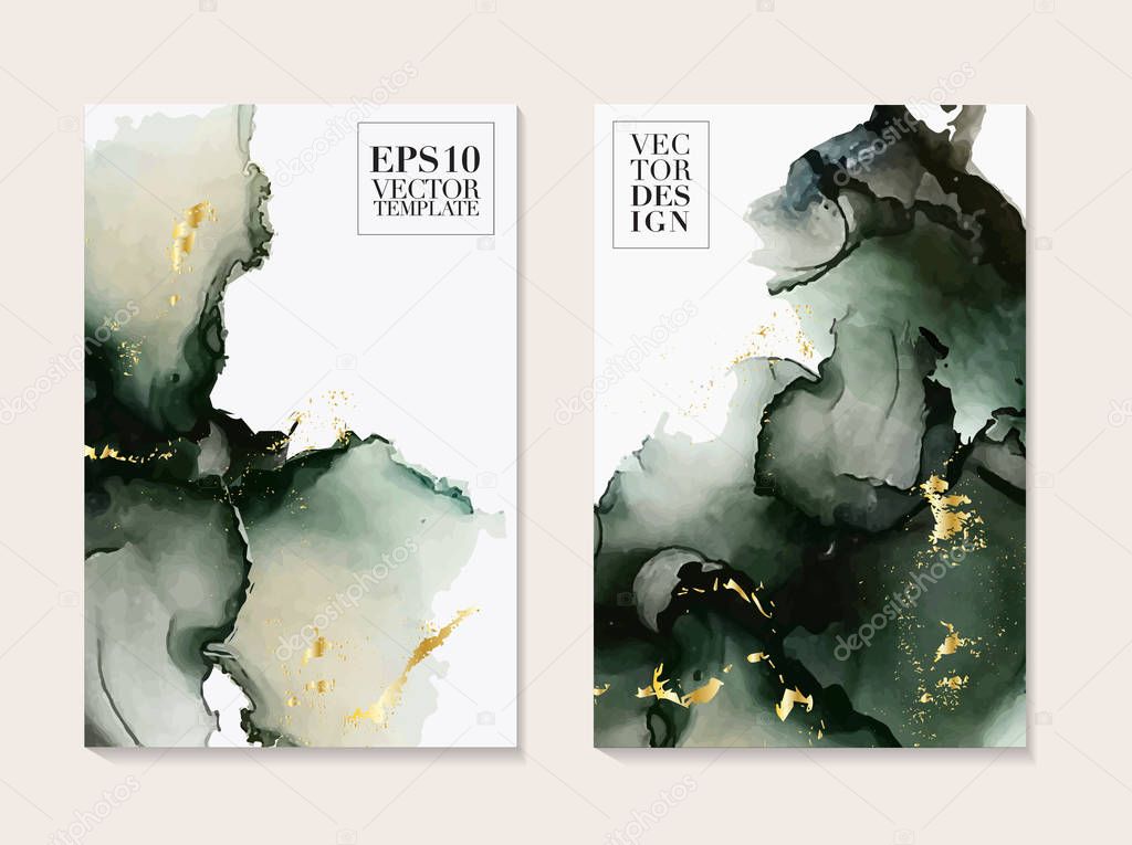 Abstract liquid paint in deep green colors. Modern poster with alcohol ink splashes. Liquid flow design for advertising, banner, poster, social media post, business template. Vector