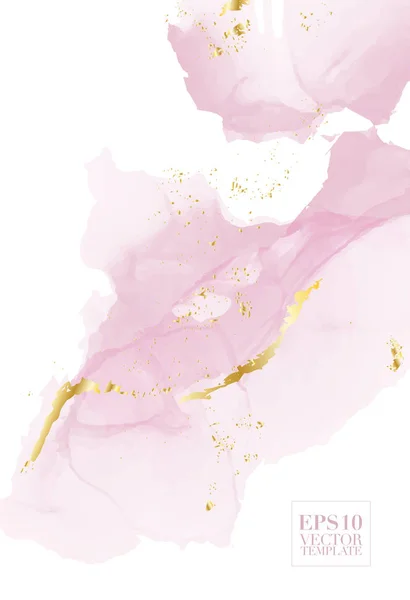 Hoge kwaliteit vector alcohol inkt vorm in Tender roze en gouden kleuren. Moderne abstracte schilderkunst, hedendaagse bruiloft decoratie. Aquarel kunst met gouden glitter elementen. Delicate vloeistofstroom — Stockvector