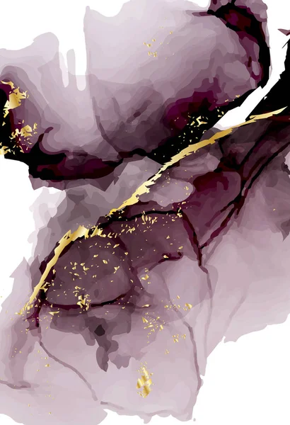 Flux de liquide vectoriel de répétition aquarelle dans des couleurs gris violet foncé tendres avec des paillettes d'or. Vector alcool encre grunge fond abstrait. Conception de décoration abstraite mariage . — Image vectorielle