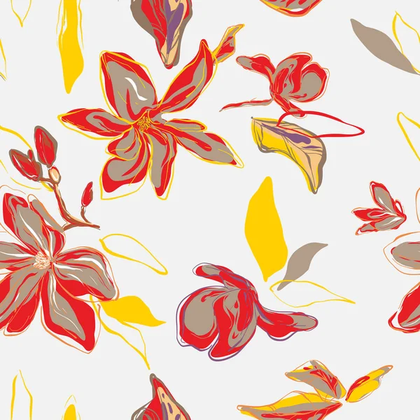 Floral Palm bladeren en bloemen in rood gele kleurenpatroon. Tropische zomer exotische decoratio. Botanische natuur behang textuur. Bananenplant vector kunst — Stockvector