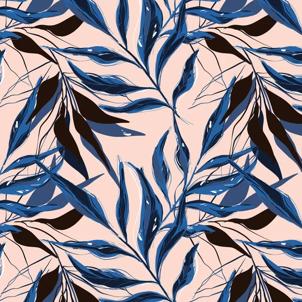 Motif tropical avec des feuilles de bananier de palmier dessinées avec des lignes de contour sur fond rose. Fond avec feuillage de plantes de la jungle. Vecteur — Image vectorielle